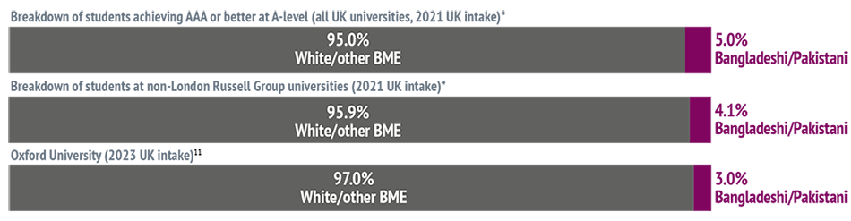 Bar chart showing: Breakdown of students achieving AAA or better at A-level (all UK universities, 2021 UK intake)* - 95.0% White/other BME and 5.0% Bangladeshi/Pakistani. Breakdown of students at non-London Russell Group universities (2021 UK intake)* - 9