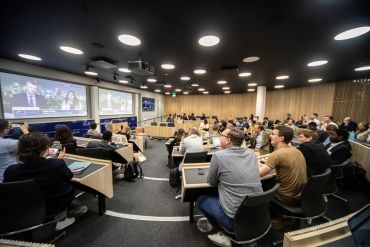 Students participating in the breaking news broadcast that concludes the simulation