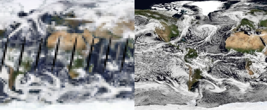Two satellite images over South America and Africa, with clouds. The left image is very blurry with low resolution, so it is difficult to make anything out. The right image has a higher resolution, making it easier to discern the clouds and land features.
