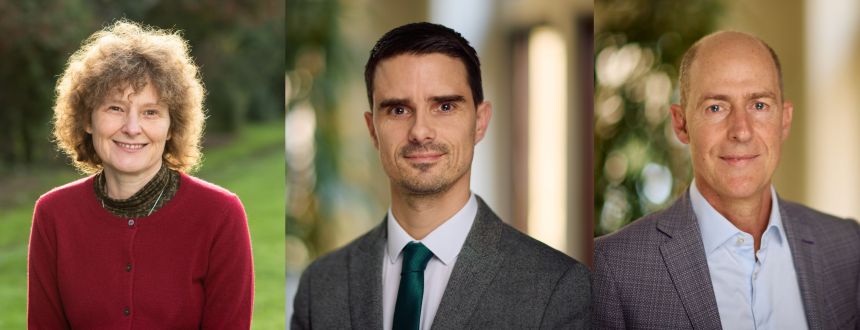 A composite image of three professionally dressed individuals, each posing for a headshot with natural or softly blurred backgrounds. They are Professor E.J. Milner-Gulland; Dr Dan Challender; Dr Michael 't Sas-Rolfes.