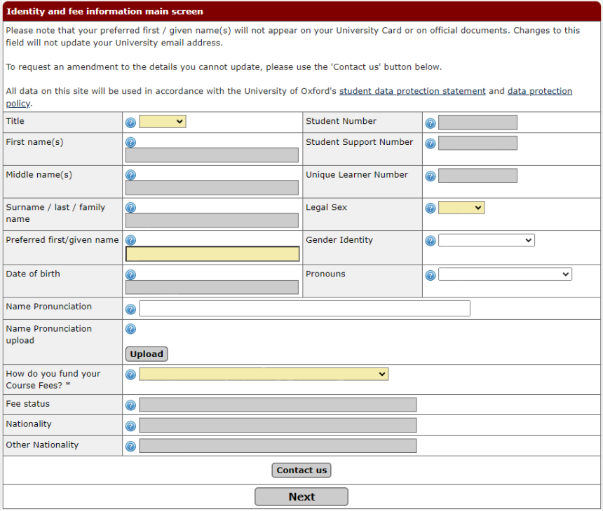 Screenshot of the Main Page for student Identity and fee information