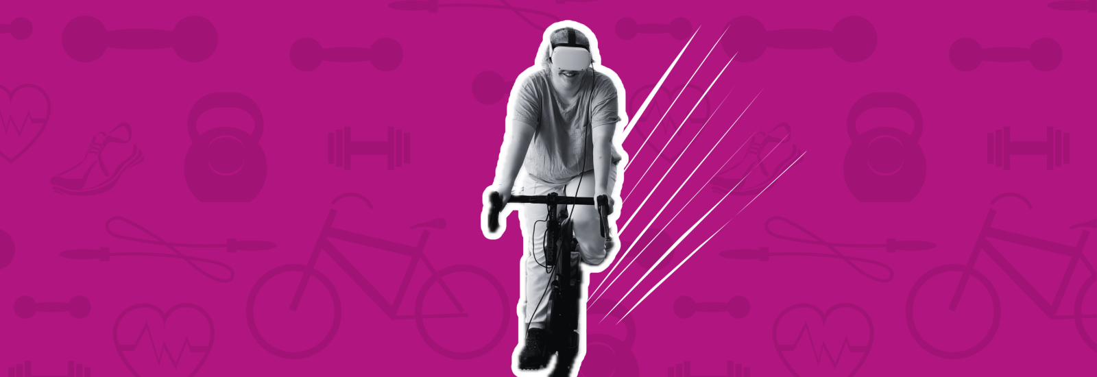 Person wearing virtual reality headset riding stationary bike