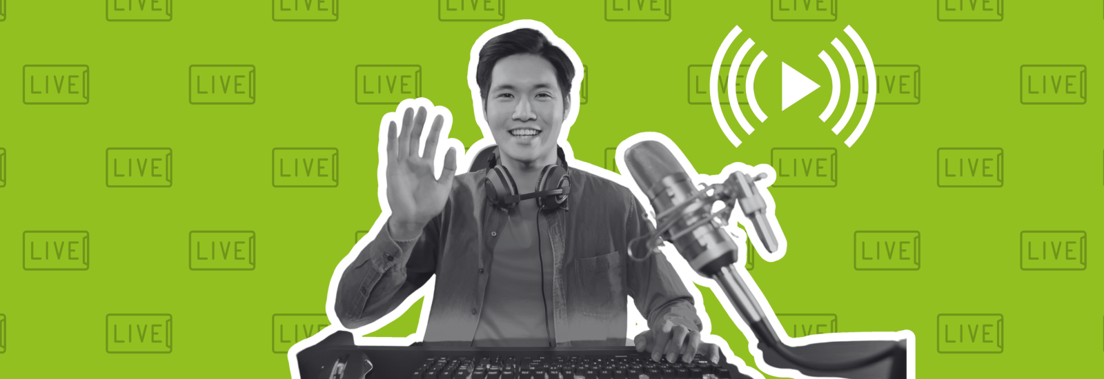 Smiley person waving with microphone and doodle of a livestream icon.