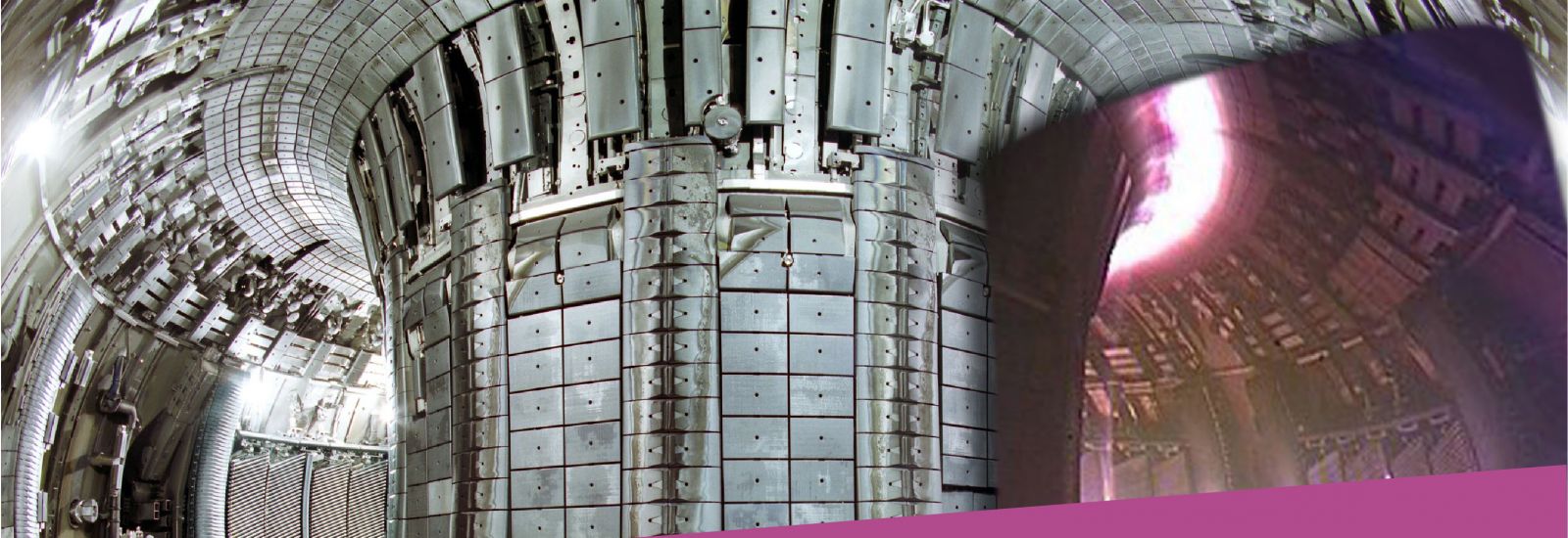 An interior view of the JET vacuum vessel, with a superimposed image of an actual JET plasma taken with a visible light camera.