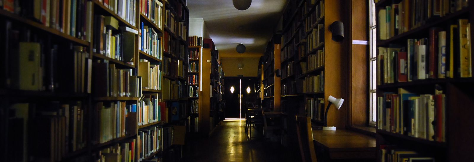 Inside a dark library with sunlight coming through the windows