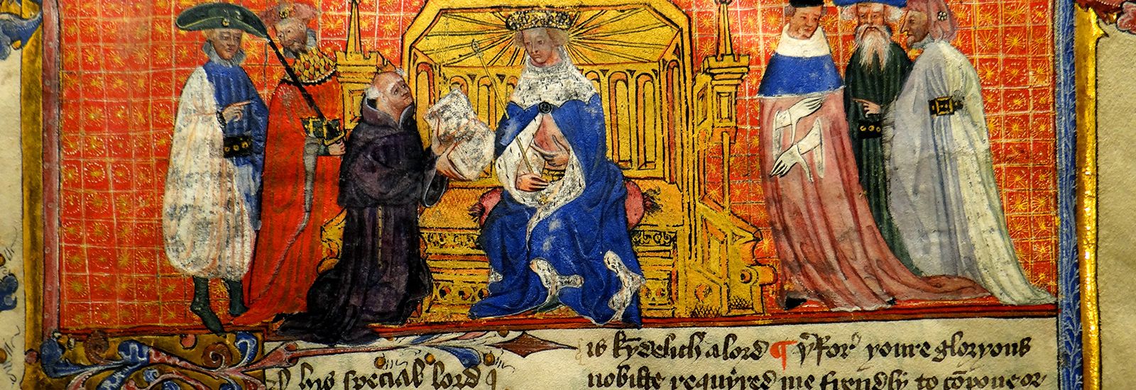 A close up of a painting manuscript showing 6 figures