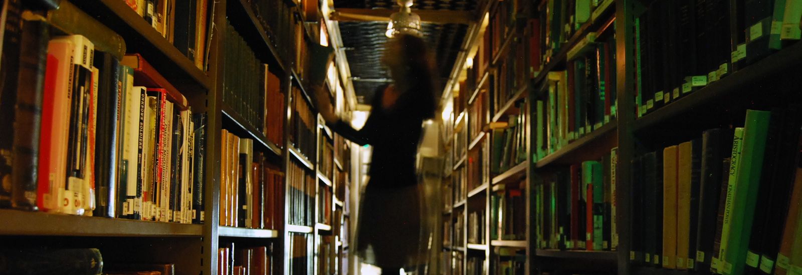 A student standing on a stool in a library