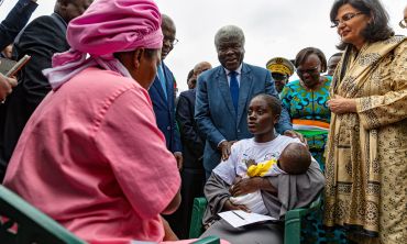 Abidjan, Côte d’Ivoire: First baby receiving the new R21/Matrix-M™ malaria vaccine, co-developed by the University of Oxford and Serum Institute of India