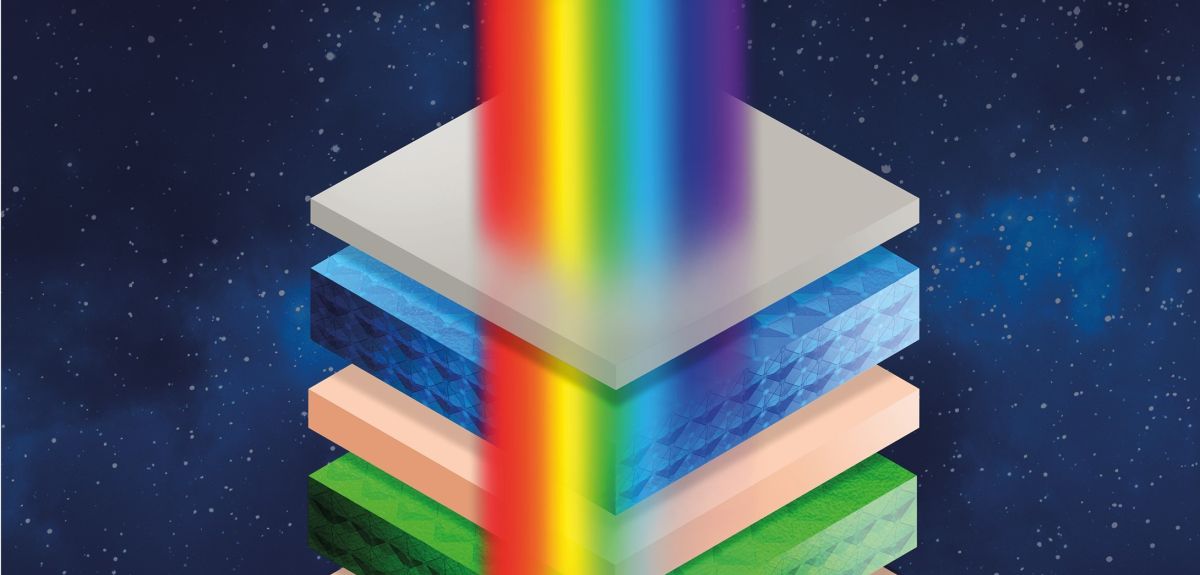 A rainbow spectrum, representing a ray of light, hits a multi-layered material. Different layers in the material absorb different colours within the spectrum. 