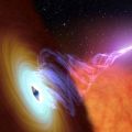 Artist’s rendering of ablack hole emitting a jet of hot gas known as plasma.The black hole appears asa luminous spiral-shaped disc with a black sphere at the centre。